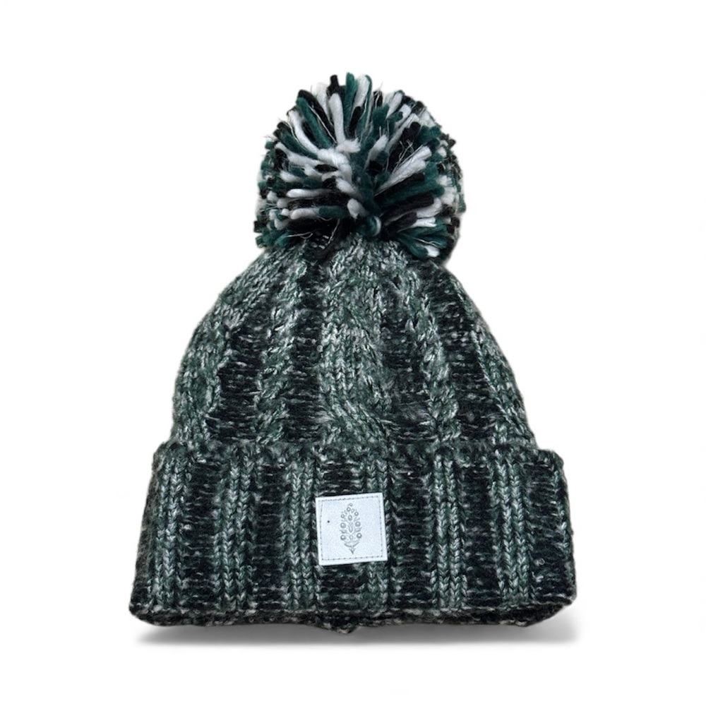 New! Free People Pom Party Reflective Beanie in a green, white, and black